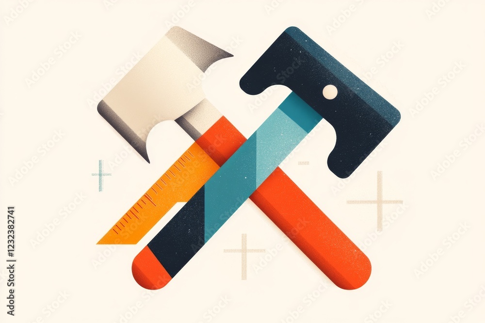 Poster A clean, flat icon of a hammer and ruler crossed over each other, representing construction and design, with muted tones on a plain canvas