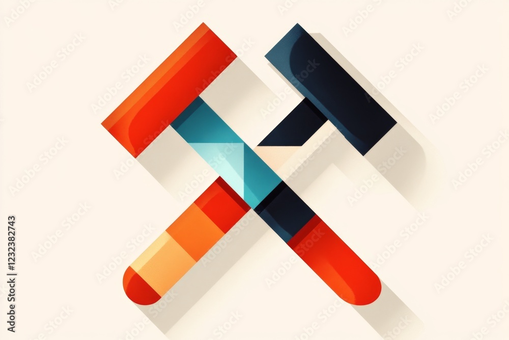 Poster a clean, flat icon of a hammer and ruler crossed over each other, representing construction and desi