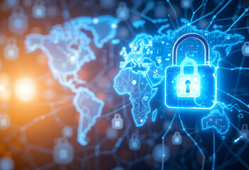 Global Network Security Concept. A digital illustration of a global network with padlocks representing security, featuring a glowing blue world map with connected lines