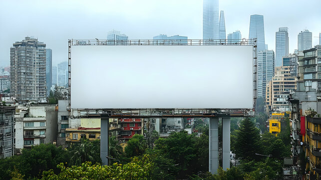 Blank Billboard Displays Above Lush Trees in a Bustling Cityscape with Modern Buildings