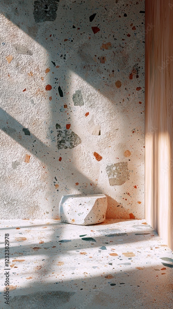 Poster soft light filters through a window, illuminating a beautifully textured terrazzo floor and wall. th
