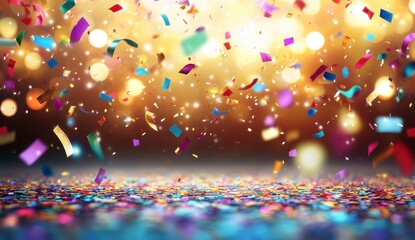 Colorful confetti falling on a dark background with gold bokeh lights. A celebratory scene with vibrant colors and sparkling glitter