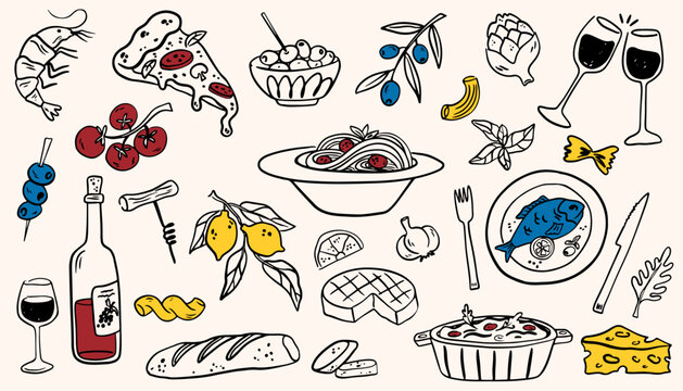 Naklejki Mediterranean food set. Minimalist hand drawn food and drinks collection.  Set of doodles, rough simple Italian cuisine food sketches. Vector illustration  isolated on white background