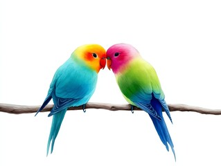 Naklejka premium a pair of lovebirds sitting on a branch, symbol of romance, watercolor style, pastel hues, isolated on white background