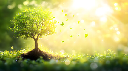 vibrant tree with green leaves stands rooted in earth, bathed in warm sunlight, with leaves gently floating in breeze