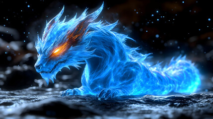 Mystical Blue Fire Dragon Emerges from Darkness onto Rocky Terrain