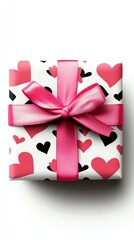 a wrapped gift box with a heart pattern and silk ribbon, stylish romantic present, vector illustration, pink and white, isolated on white background