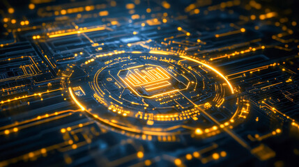 Orange glowing electronic circuit with cpu processing data