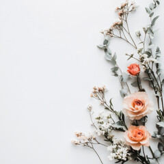 Delicate pink roses and greenery on white