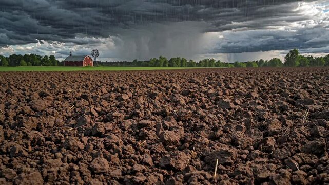 Dramatic storm clouds approach over farmland with a red barn and windmill in the distance