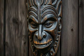 wooden mask hanging on wood