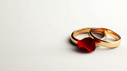 a pair of intertwined wedding rings with a rose petal, love and marriage symbol, 3D render, gold, isolated on white background