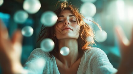 A joyful woman reaching out with her hands amidst floating pearls, symbolizing liberation and happiness, captured in a moment of bliss against a soft-focus background.