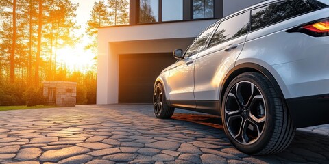 Luxury SUV in Modern Home Garage at Sunset