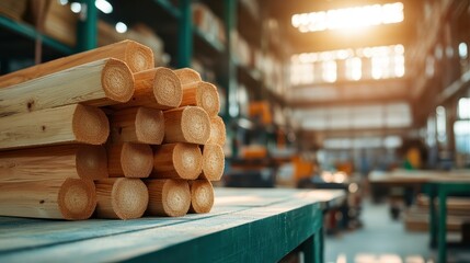 A close-up of neatly stacked logs in a woodworking shop, illuminated by warm sunset light, creating a serene and picturesque atmosphere for crafting wooden projects.