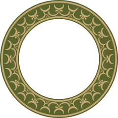 Vector golden with green round classic renaissance ornament. Circle, ring, european border, revival style frame