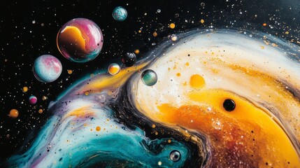 Abstract cosmic swirls of teal, gold, and white paint blend with scattered glitter and multicolored orbs, mimicking a nebula. Dark background