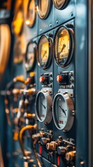 Control panel with many gauges, dials, and valves.