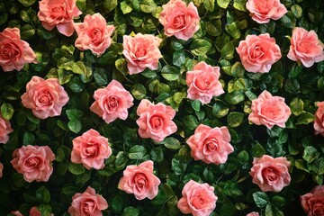 A stunning pink roses flower wall background with densely packed blooms, showcasing vibrant petals and lush greenery in high-definition realism.