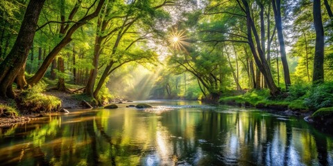 Obraz premium Dense foliage and towering trees surround a serene and tranquil river, with sunlight filtering through the leaves creating dappled patterns on the forest floor , forest floor, peaceful river