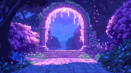 Enchanted Portal Garden, a vibrant pixel art scene showcasing gateways to diverse realms, infused with pulsating mystical energy and enchanting flora.