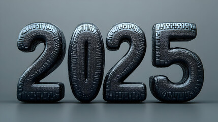 3D Rendered 2025 Numbers with Dark, Textured Material on a Gray Background