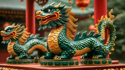 Fototapeta premium Green and Gold Dragon Statue Stands Guard in Traditional Temple Setting with Lanterns