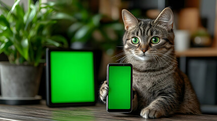 Tabby Cat Holds Smartphone with Green Screen, Presenting Tablet with Green Screen, Indoor Setting