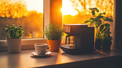 A black coffee maker on a well-lit kitchen table, with a cup of coffee beside it, creating a cozy and inviting setting