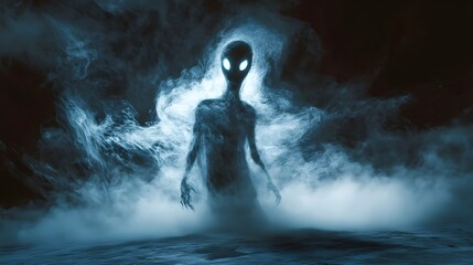 Obraz premium A ghostly figure of an alien, floating in the darkness with an ethereal light around it 