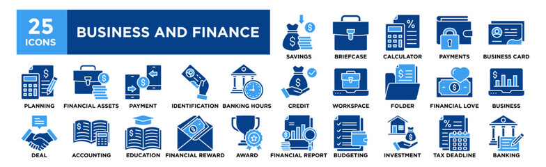 Business And Finance icon collection set. Containing design Savings, Briefcase, Calculator, Secure Payments, Business Card	