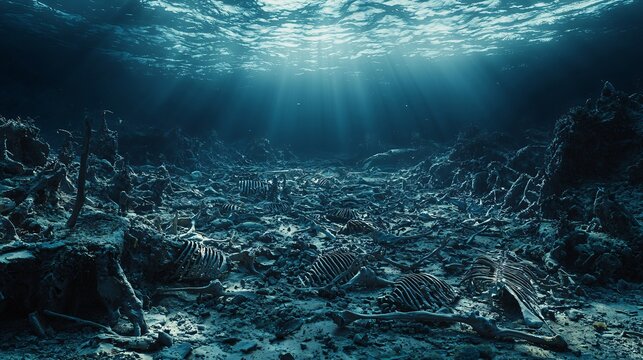 Underwater Skeletal Remains On Sea Floor With Sun Light Penetrating The Dark Waters.