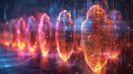 Colorful digital shields illuminate a dark background, symbolizing defense in the realm of cybersecurity. The artwork conveys an advanced technological feel.