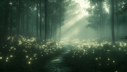 Fototapeta premium 3D Illustration - Enchanted Forest Path with Glowing Fireflies, Mist, and Sunlight