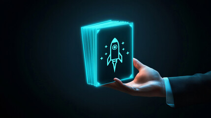 Hand Holding Illuminated Rocket Icon Card Symbolizing AI Innovation