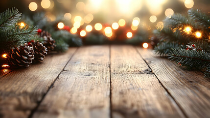 Christmas Background Displays Pine Cones and Twinkling Lights Adorning a Rustic Wooden Table Elegantly