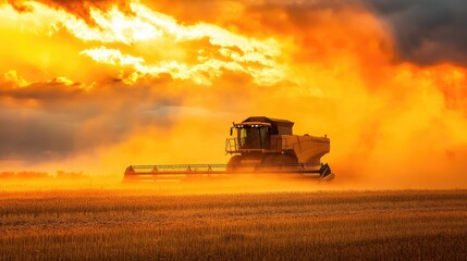 Obraz premium A combine harvester in motion under a golden sky, as the last of the summer crops are collected.