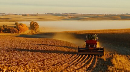Fototapeta premium A crop harvester machine cutting down rows of crops, with the morning fog clearing from the field.