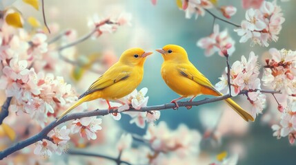 Two Vibrant Yellow Birds on a Branch Amidst Blossoms
