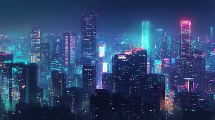 Fototapeta premium A digital cityscape with illuminated skyscrapers, glowing against the night sky.