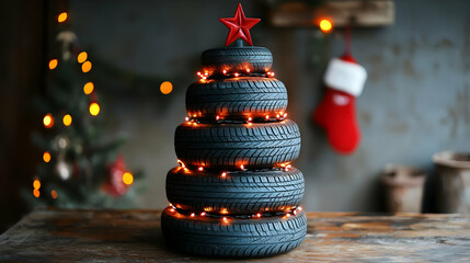 Obraz premium Christmas Tree Made from Recycled Tires Decorated with Festive Lights Creatively Stands on a Wooden Table