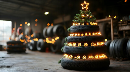 Obraz premium Christmas Tree Made from Tires Decorated with Lights in a Garage, Festive Holiday Cheer