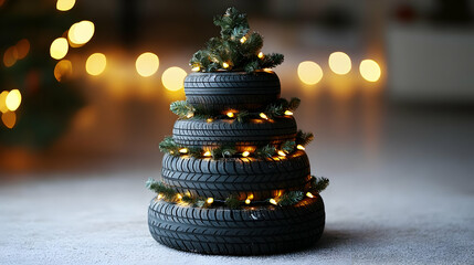 Obraz premium Christmas Tree Made of Car Tires Decorated with Lights and Pine Branches Beautifully Illuminated