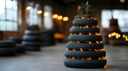 Obraz premium Christmas Tree Made of Tires Decorated with Warm Lights and Ornaments