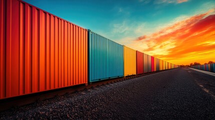 Fototapeta premium Vibrant Cargo Containers at Sunset: A Symphony of Colors on the Rail Tracks