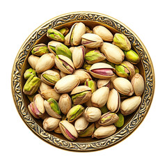 A golden bowl filled with pistachio, top view angle, realistic photography