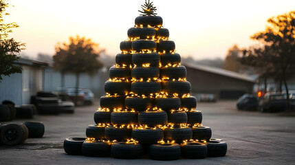 Obraz premium A Unique Christmas Tree Made of Tires and Lights Brightly Shines in the Evening