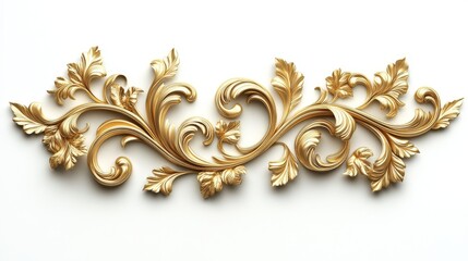 Intricate gold filigree swirl pattern resembling a growing vine with baroque-style scrollwork and leaf flourishes, set against a white background with dramatic lighting.
