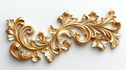 Intricate gold filigree swirl pattern resembling a growing vine with baroque-style scrollwork and leaf flourishes, set against a white background with dramatic lighting.