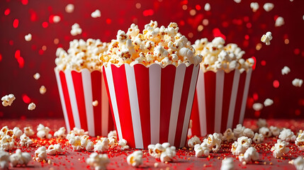 Popcorn overflowing from striped containers on a red surface creates a visually appealing snack arrangement.